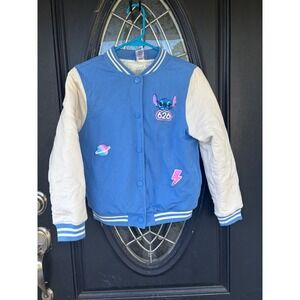 Disney Stitch Varsity Jacket Blue White Snap Front Quilted Lining Girls 10/12‎